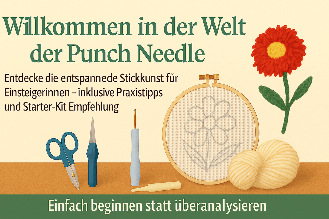 Willkommen in der Welt der Punch Needle. Abgebildet sind Schere, Stanznadeln, Stickrahmen mit Blumenmuster, Wolle und eine gestickte Blume. Ideal für Einsteigerinnen, die entspannt mit moderner Stickkunst starten möchten