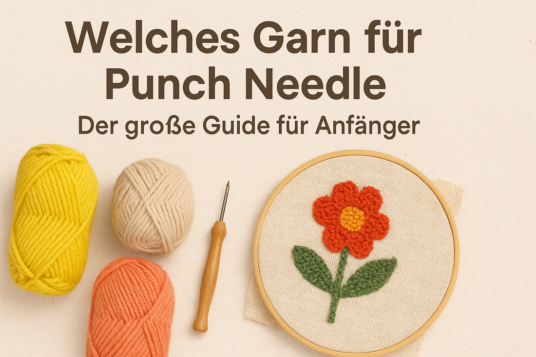 Punch Needle Garnvergleich: gelbes, beiges und orangenes Garn mit Punch Needle und gestickter Blume im Stickrahmen – ideal für Anfänger