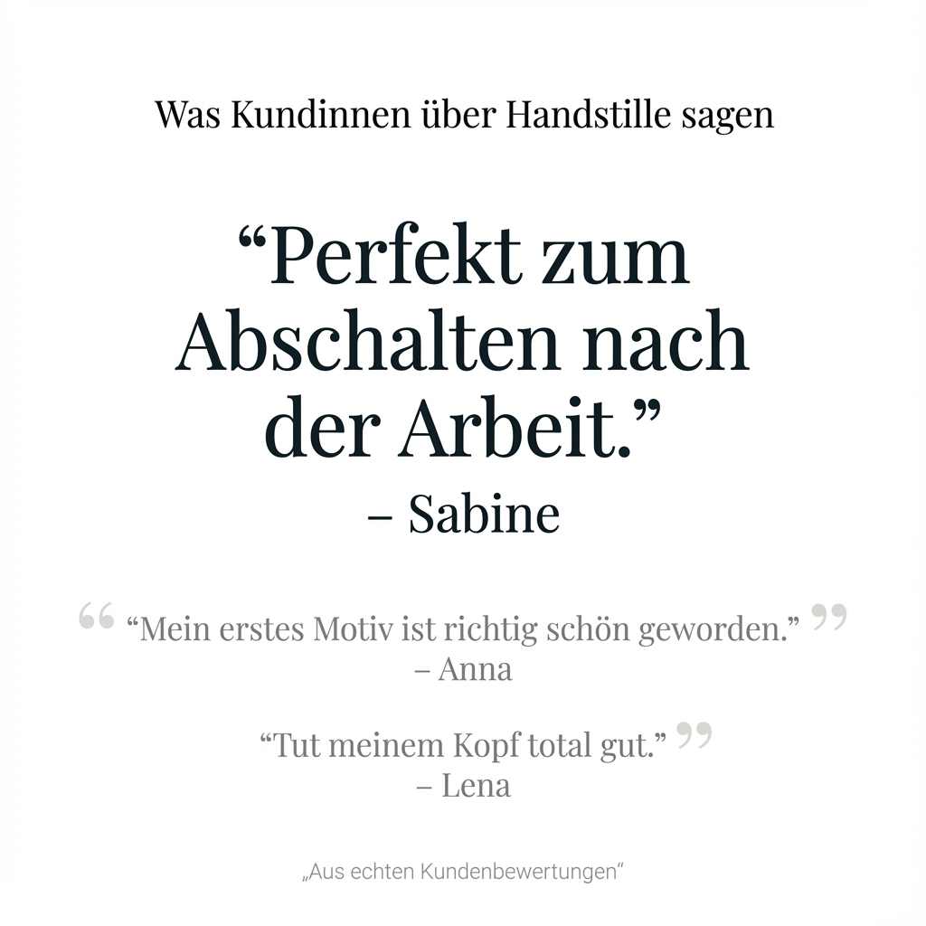Kundenbewertungen zu Handstille DIY Sticksets – „Perfekt zum Abschalten nach der Arbeit“ sowie weitere positive Erfahrungen von Anfängerinnen über Entspannung und schöne Ergebnisse