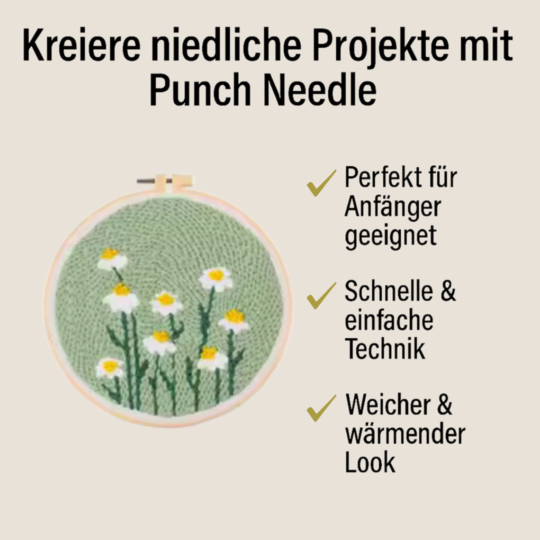 Blumen-Stickbild im Punch Needle Stil mit Gänseblümchen – DIY Stickset perfekt für Anfänger, einfache Punch Needle Technik, weicher Look für entspannte Handarbeitsprojekte