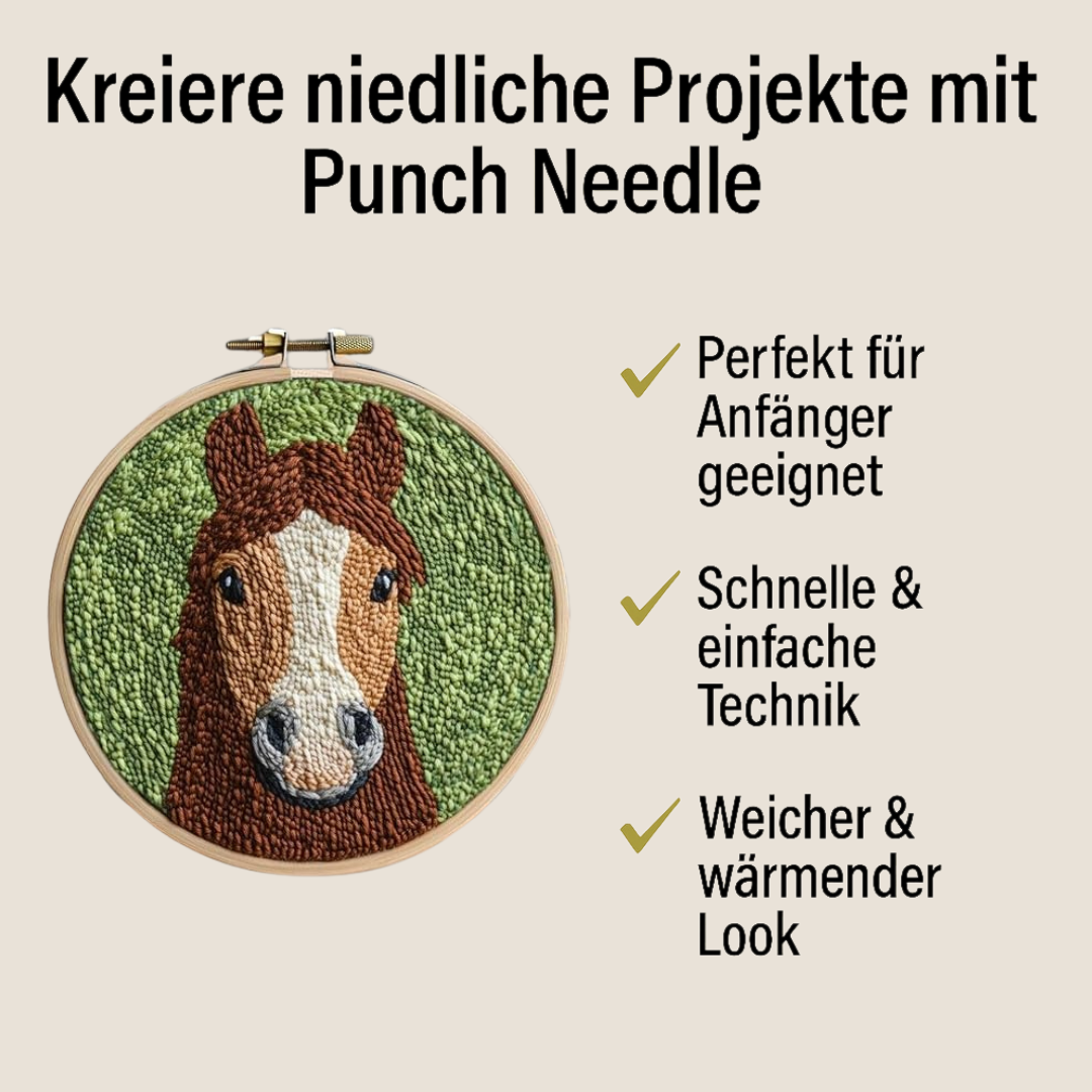 Punch Needle Pferde-Stickbild für Anfänger – HeartHorse™ DIY Stickset mit einfacher Technik und weichem, handgemachtem Look. Ideal für kreative Projekte, entspannende Me-Time und Tierliebhaber.
