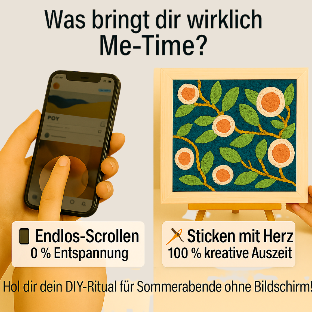 Vergleich: Smartphone-Scrolling vs. Punch Needle DIY-Stickbild mit Blumenmotiv – kreative Auszeit ohne Bildschirm, ideales Sommer-Ritual für mehr Entspannung
