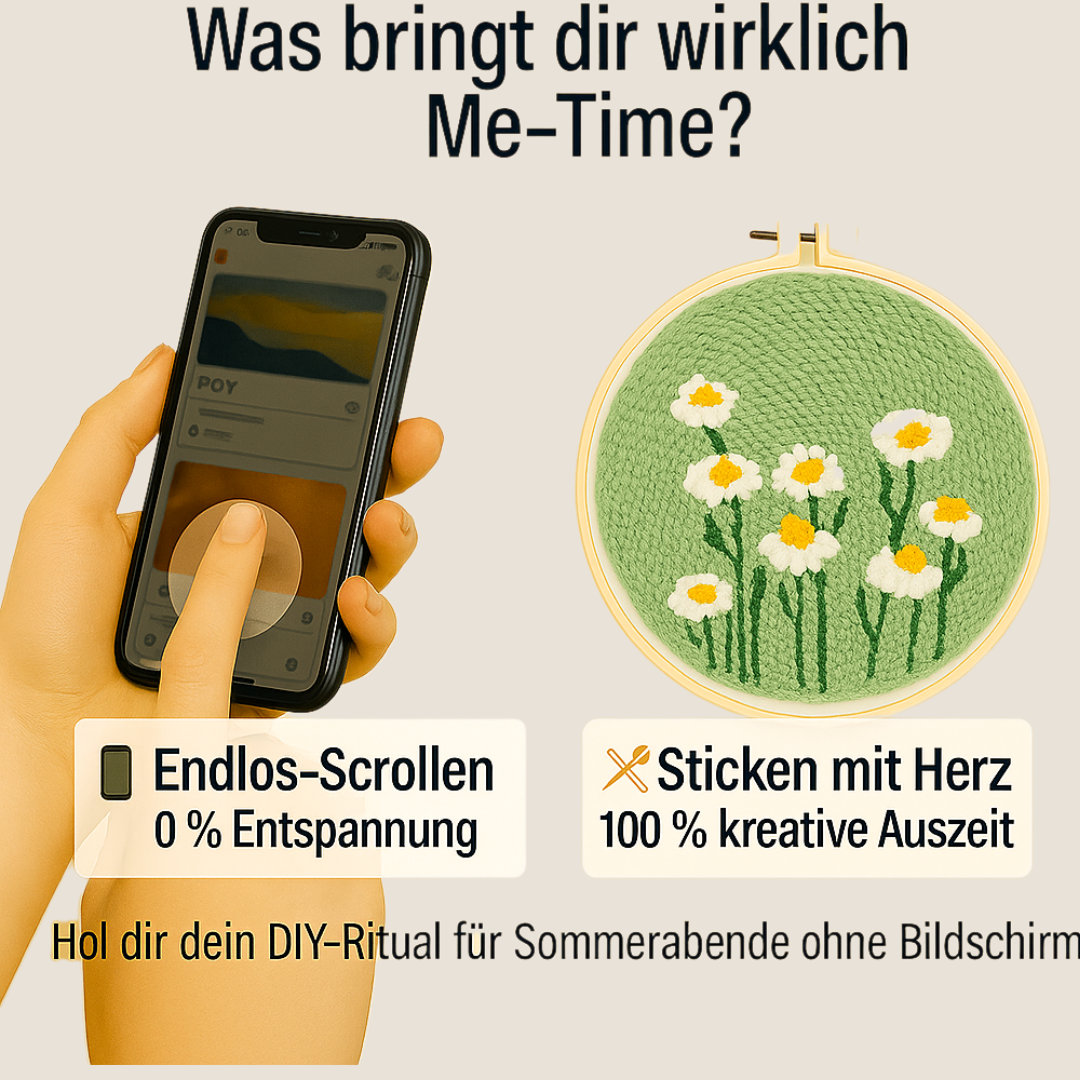 Vergleich zwischen Smartphone-Scrollen und Punch Needle Stickerei mit Blumenmotiv – DIY Stickset für kreative Me-Time, Bildschirmfreie Entspannung am Abend, ideale Geschenkidee für Handarbeitsfans.