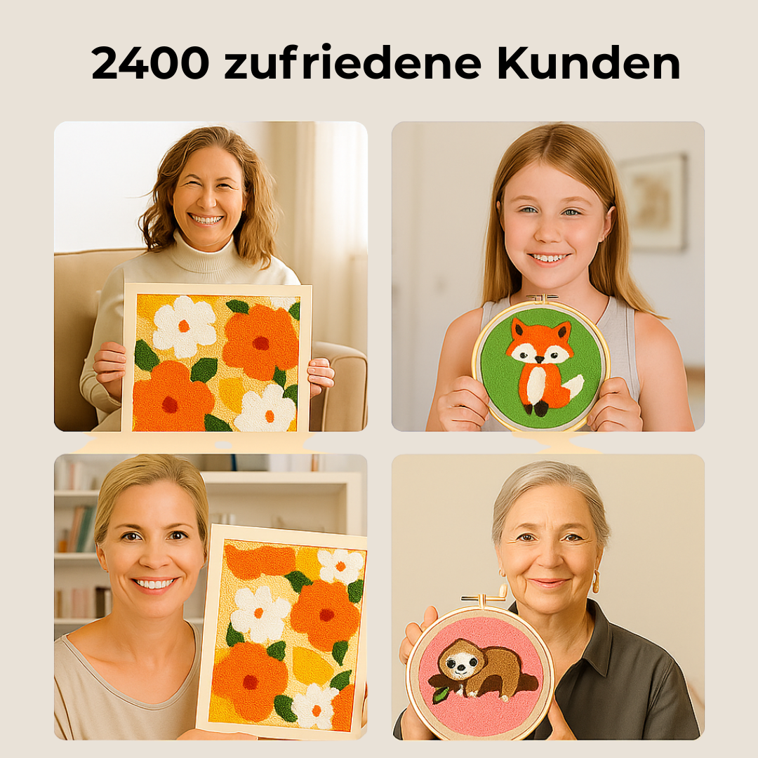Vier zufriedene Frauen mit ihren fertigen Punch Needle Projekten – florales Stickbild, Fuchs-Motiv und Faultier-Design als kreative DIY-Ergebnisse für Anfänger