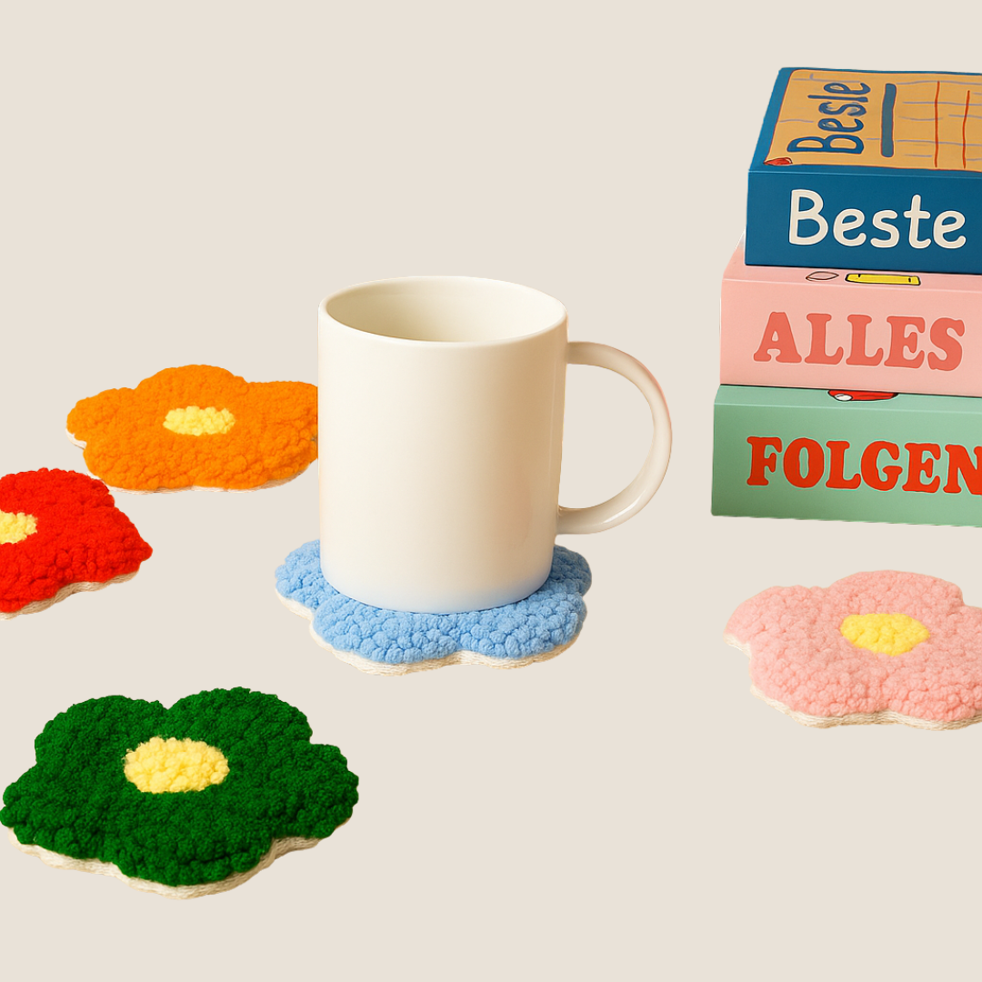 Bunte Blumen-Untersetzer aus Punch Needle Wolle – kreative DIY Tassenuntersetzer in Blumenform, ideal für dein Zuhause, schützt Oberflächen stilvoll und verleiht deinem Tisch einen verspielten, handgemachten Look. Perfekt als Geschenk oder Deko-Highlight für Handarbeitsfans.