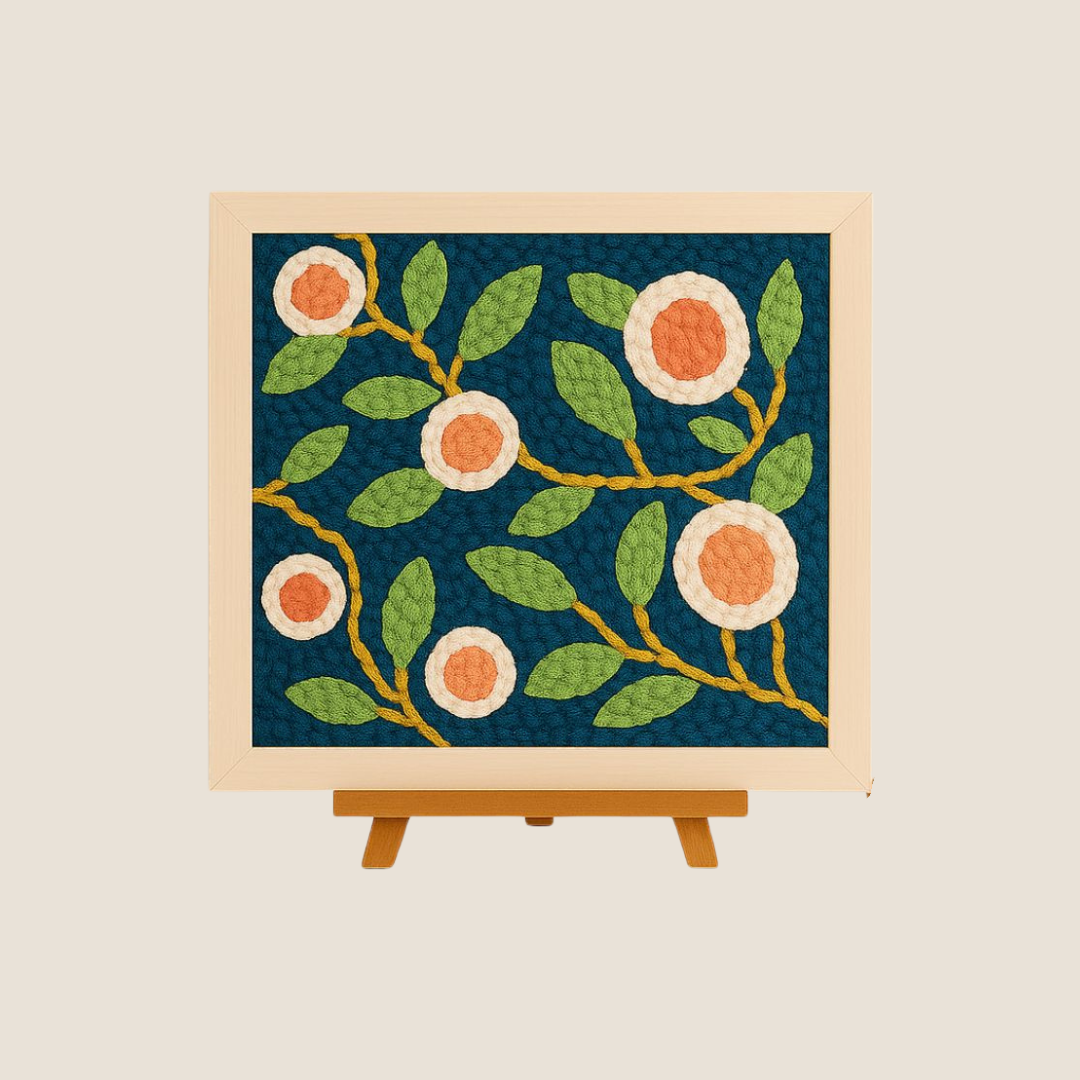Punch Needle Blumenbild in Holzrahmen – modernes DIY-Stickset mit floralen Motiven auf dunkelblauem Hintergrund, kreative Handarbeit für Anfänger, beruhigende Wanddeko von SoulStitch™.