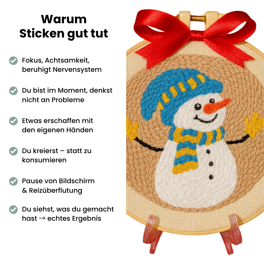 Punch Needle Wintermotiv mit Schneemann im Stickrahmen und roter Schleife, daneben Text ‚Warum Sticken gut tut‘ mit Vorteilen wie Achtsamkeit, Entspannung und Kreativität. Handstille Punch Needle Set – achtsames DIY für Fokus und innere Ruhe