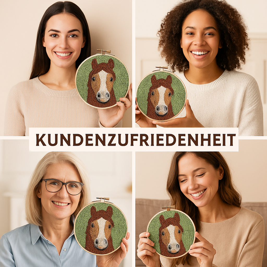 Glückliche Kundinnen mit dem HeartHorse™ Punch Needle Stickset – DIY Pferdemotiv für Anfänger, kreative Auszeit, einfache Technik und entspannendes Handarbeitsprojekt mit hoher Kundenzufriedenheit.