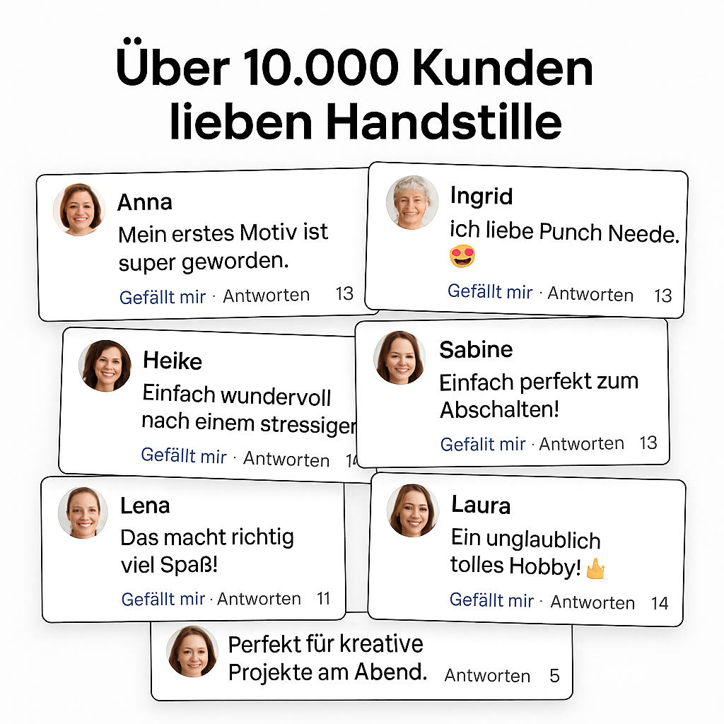 Kundenbewertungen zu Handstille Punch Needle Sets – über 10.000 zufriedene Käufer loben Qualität, Entspannung und kreative Freude beim Sticken