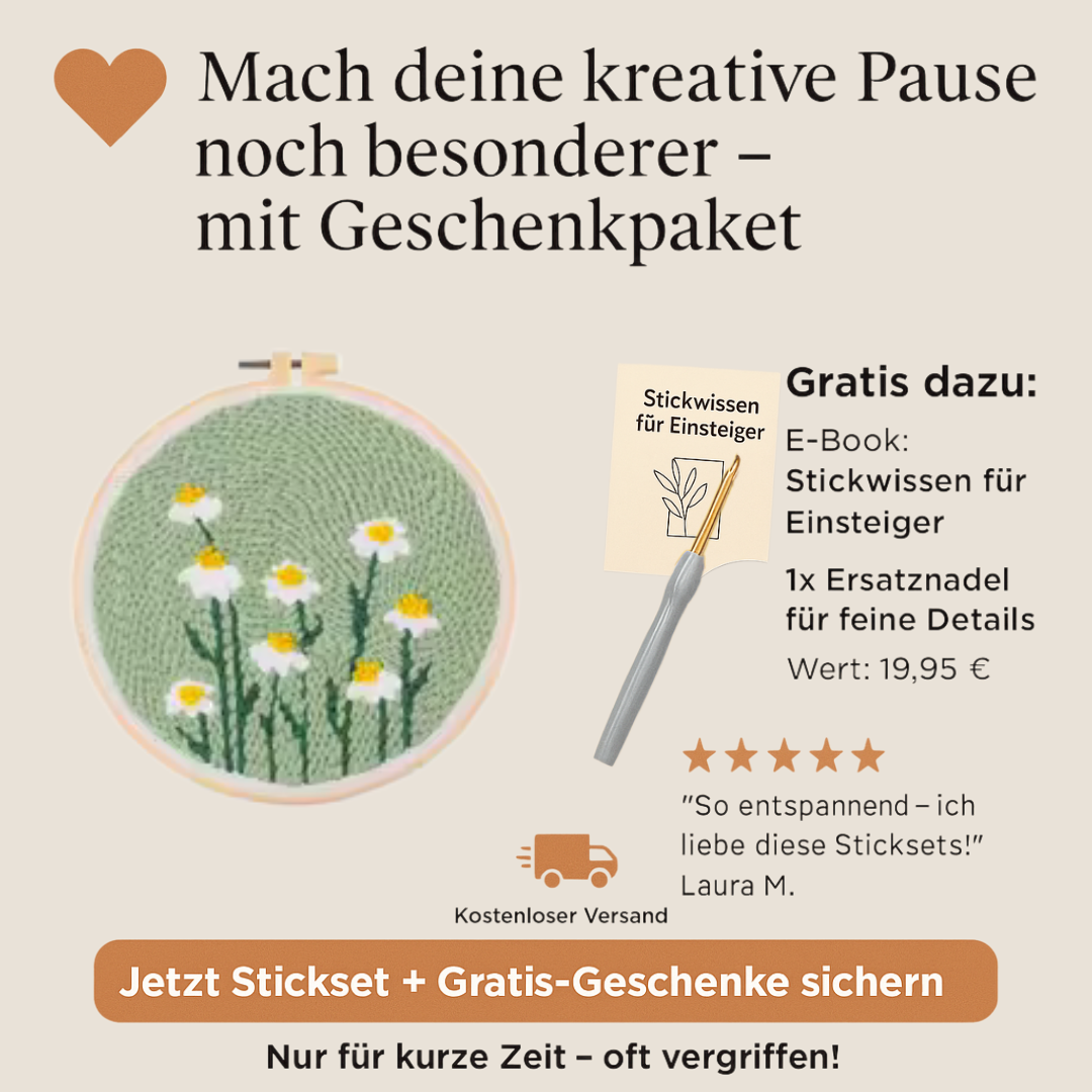 Punch Needle Blumen-Stickbild mit Gänseblümchen-Motiv und E-Book als Gratisgeschenk – DIY Stickset für kreative Auszeit, entspannendes Handarbeitsprojekt für Anfänger, mit über 2400 zufriedenen Kunden bei Stitchery Kit.