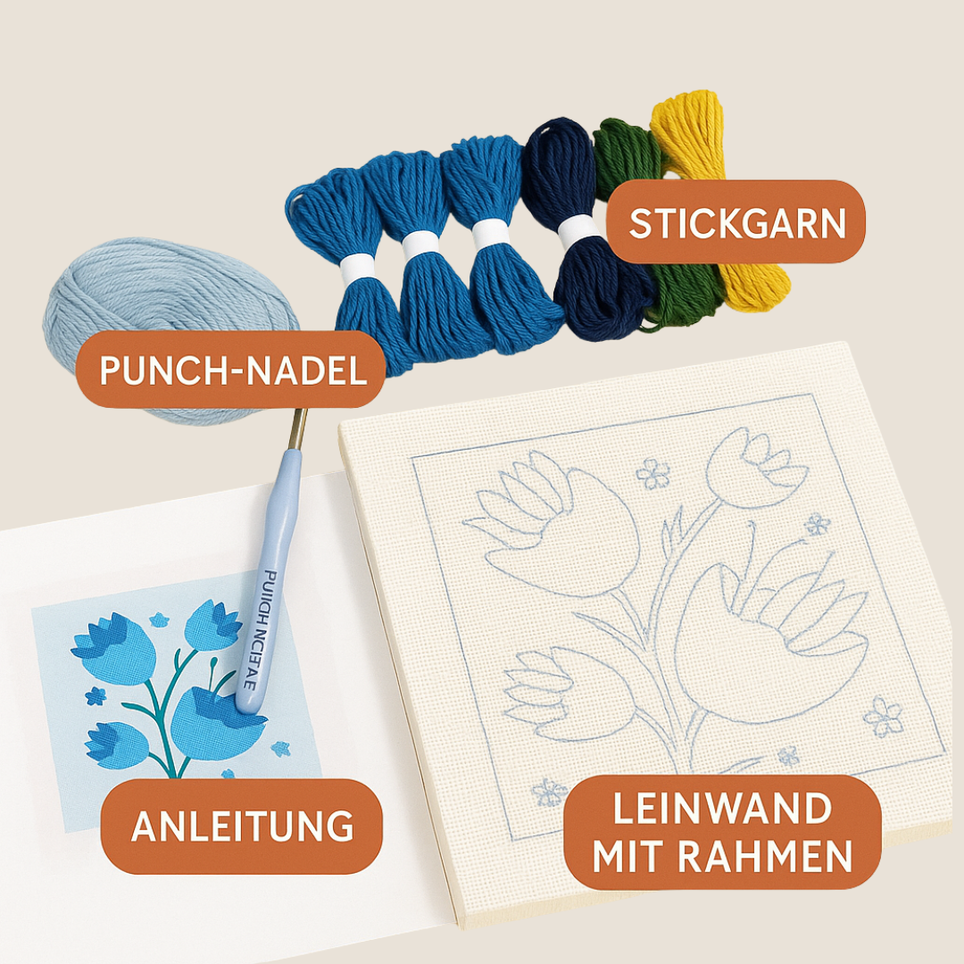 Punch Needle Set mit Stickgarn, Punch-Nadel, Anleitung und vorgedruckter Leinwand mit Blumenmotiv – ideal für kreative DIY-Projekte