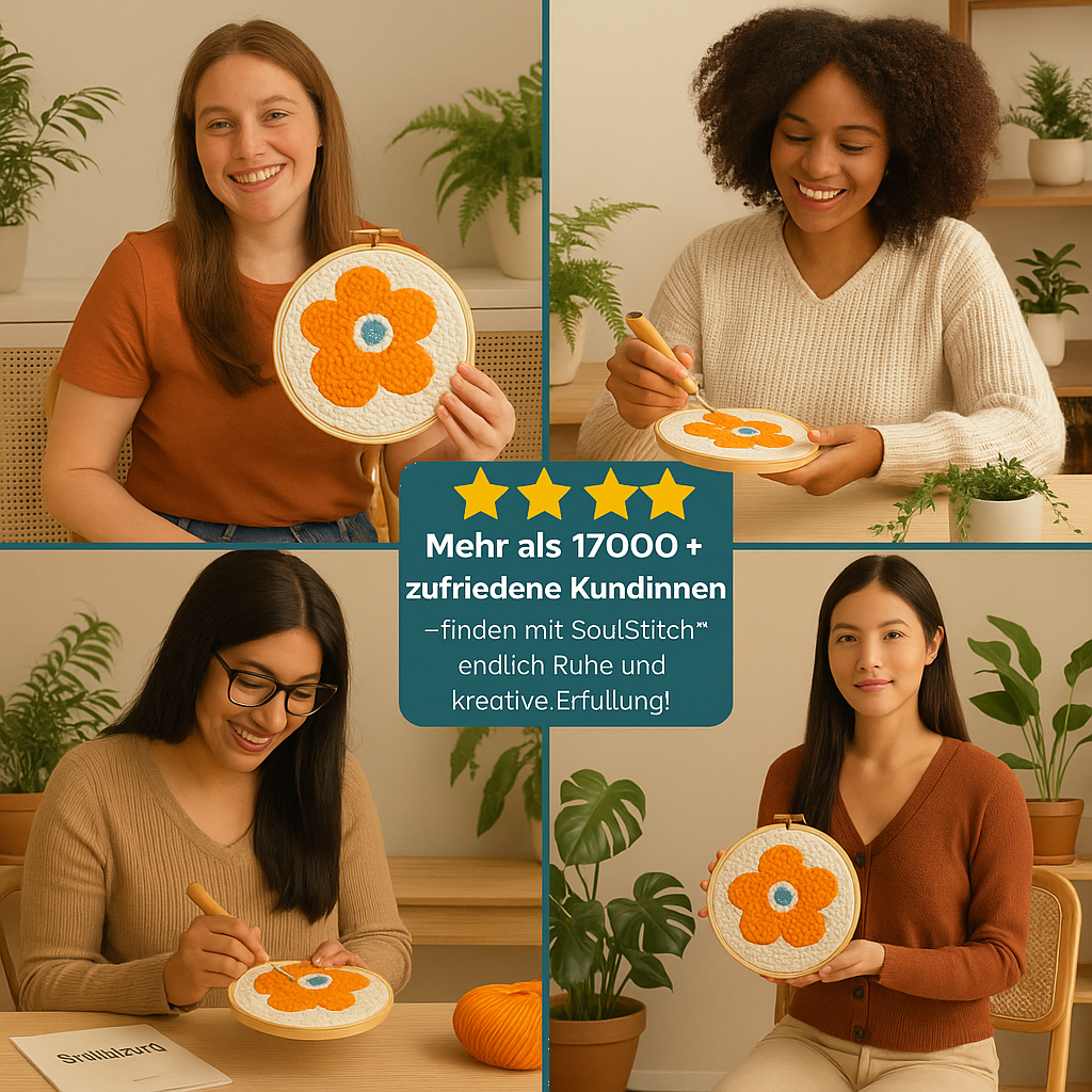 Zufriedene Kundinnen beim Punch Needle Sticken mit dem SoulStitch™ DIY-Stickset – kreative Auszeit, Handarbeit für Anfänger, Entspannung durch moderne Stickkunst
