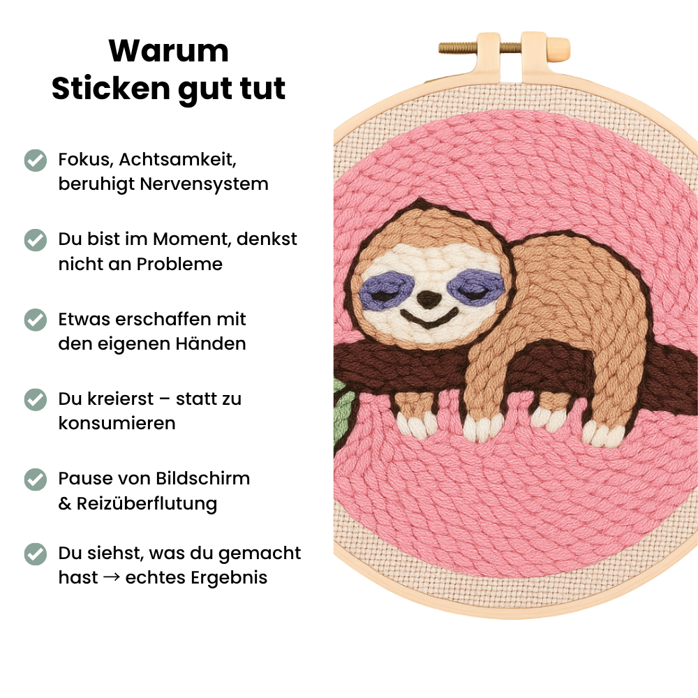 Warum Sticken gut tut – Punch Needle Faultier Stickset von Handstille für Entspannung, Achtsamkeit und kreative Auszeiten zuhause