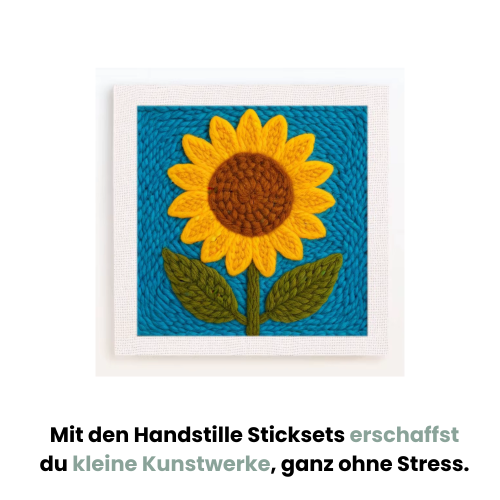 GoldenSun Stitch™ Punch Needle Sonnenblume – fertig gesticktes Motiv auf Leinwand mit gelben Blütenblättern und grünem Hintergrund, kreatives DIY-Stickset von Handstille.