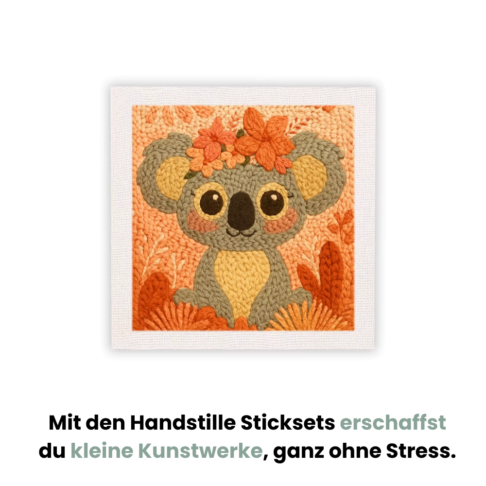 KoalaDream™ Punch Needle Stickset von Handstille – DIY Stickbild mit süßem Koala in warmen Orange- und Beigetönen, ideal für Anfänger, Achtsamkeit & kreative Entspannung.
