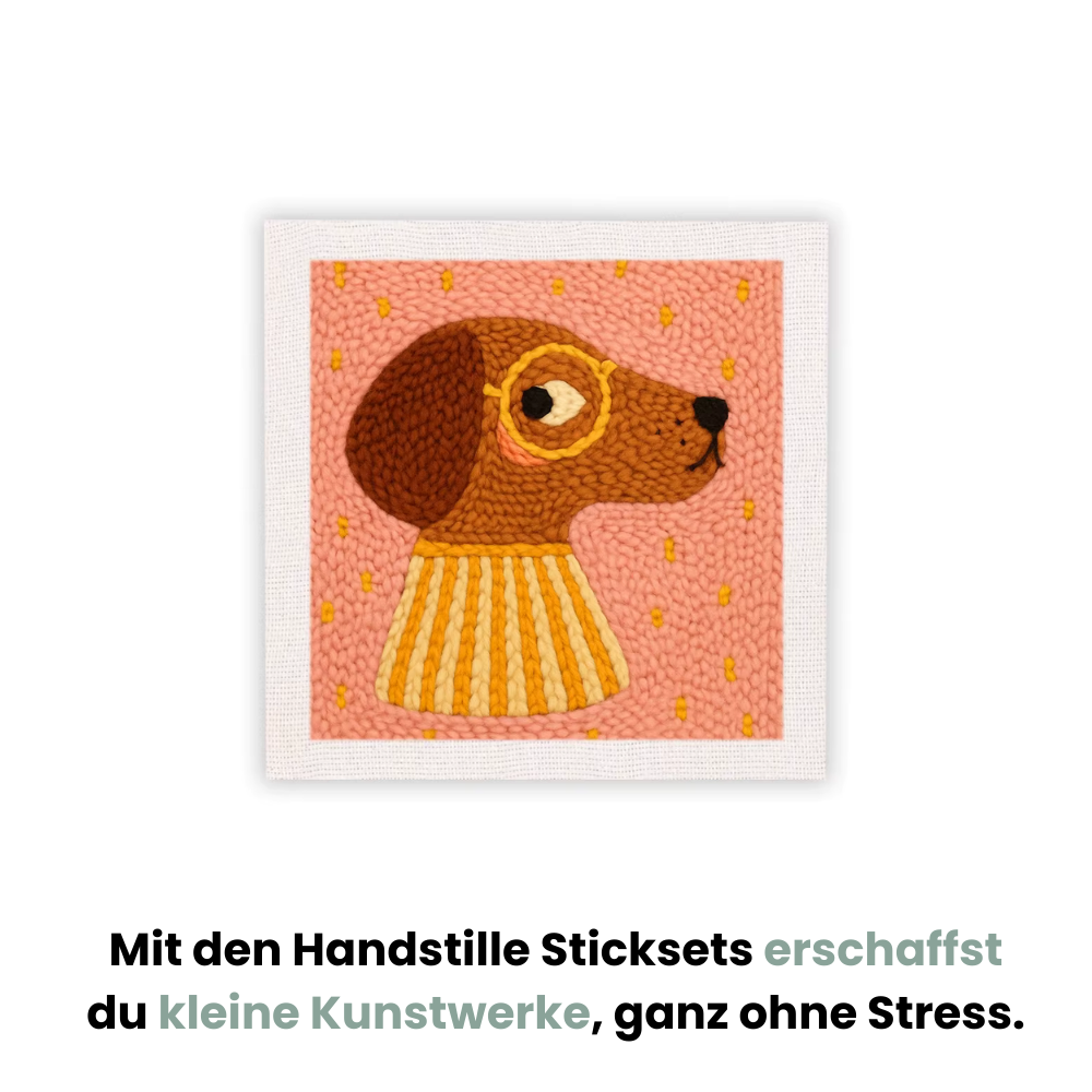DoggyDream™ Punch Needle Stickbild von Handstille mit süßem Hundemotiv auf rosa Hintergrund. Kreatives DIY-Stickset für Anfänger zum Entspannen und Abschalten.