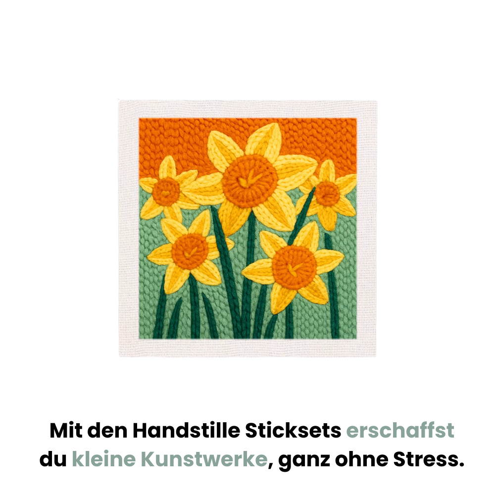 Handstille Punch Needle Stickset Frühlingsblüten – gelbes Blumenmotiv zum Sticken für Anfänger, entspannendes DIY Stickset für Zuhause.