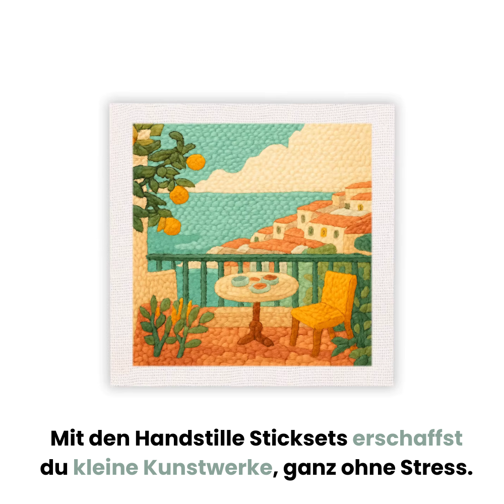 Lemon Garden Terrace™ Punch Needle Stickset von Handstille – mediterranes DIY Stickbild mit Zitronenbaum, Meerblick und Terrasse. Ideal für kreative Entspannung, Achtsamkeit und Anfänger im Punch Needling.