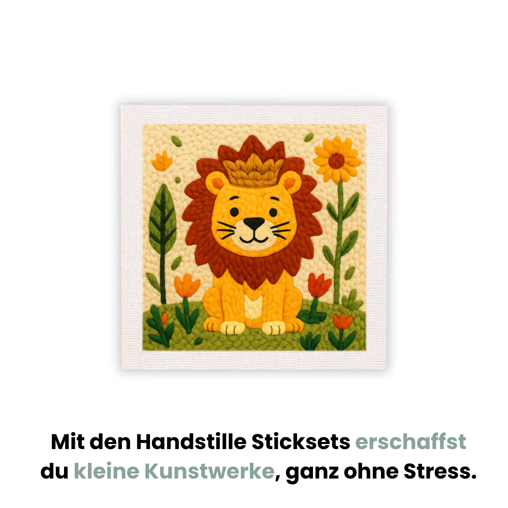 Little Lion Punch Needle Stickset von Handstille – süßes Löwenmotiv zum Sticken für Anfänger, entspannendes DIY-Stickprojekt für kreative Auszeiten.