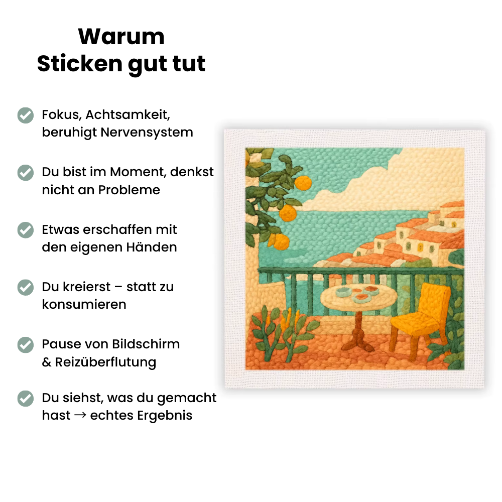 Lemon Garden Terrace™ Punch Needle Stickset von Handstille – entspannendes DIY Stickbild mit mediterraner Terrasse, Zitronenbaum und Meerblick. Ideal zur Förderung von Fokus, Achtsamkeit und kreativem Ausgleich.