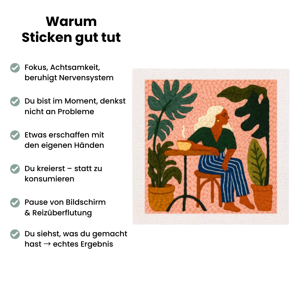 Punch Needle Set Floral Bottles™ – Frau mit Pflanzen beim Kaffee, zeigt die entspannende Wirkung von Sticken auf Achtsamkeit und Wohlbefinden.