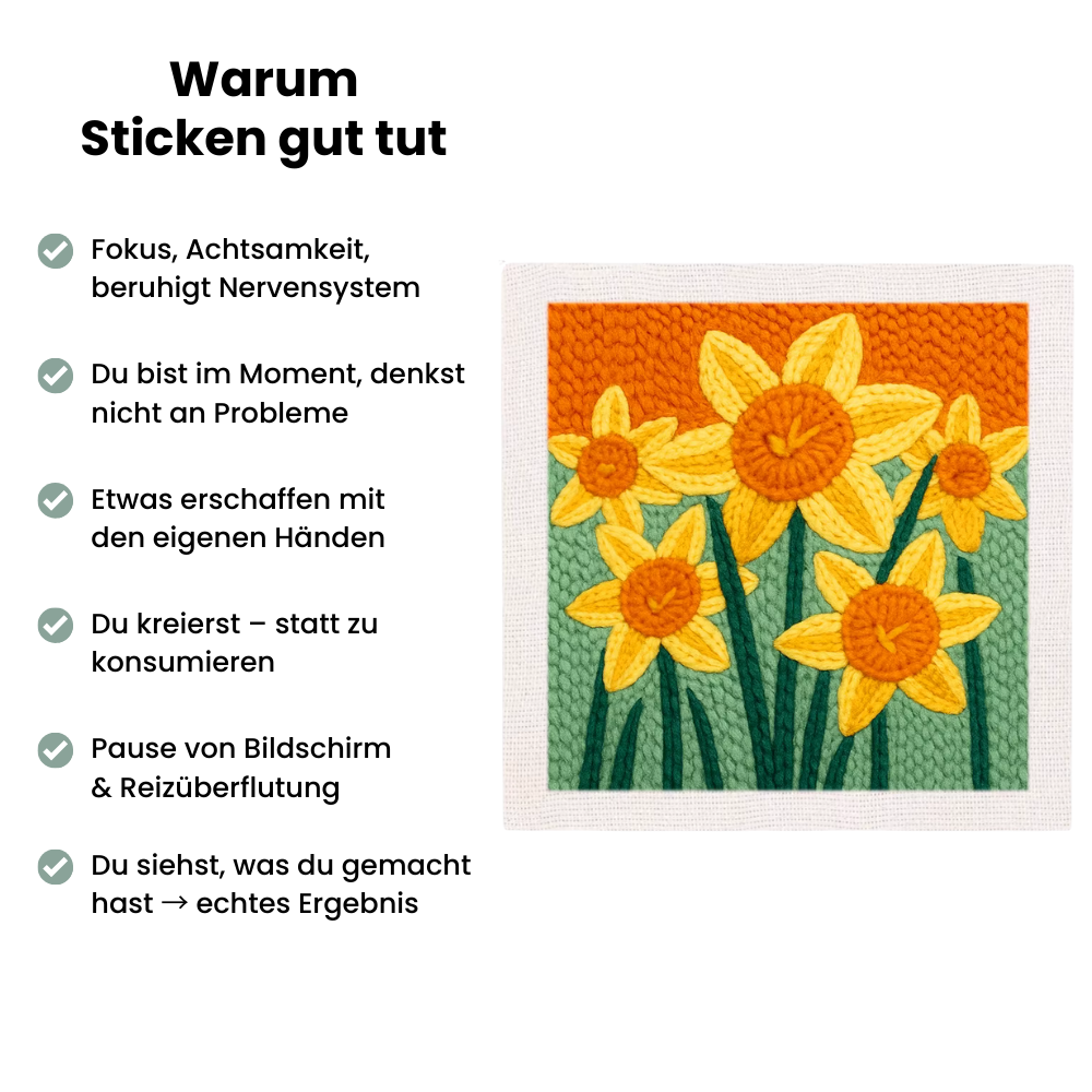 Punch Needle Stickset Frühlingsblüten von Handstille – gelbes Blumenmotiv mit Benefits des Stickens: Achtsamkeit, Fokus und kreative Entspannung.