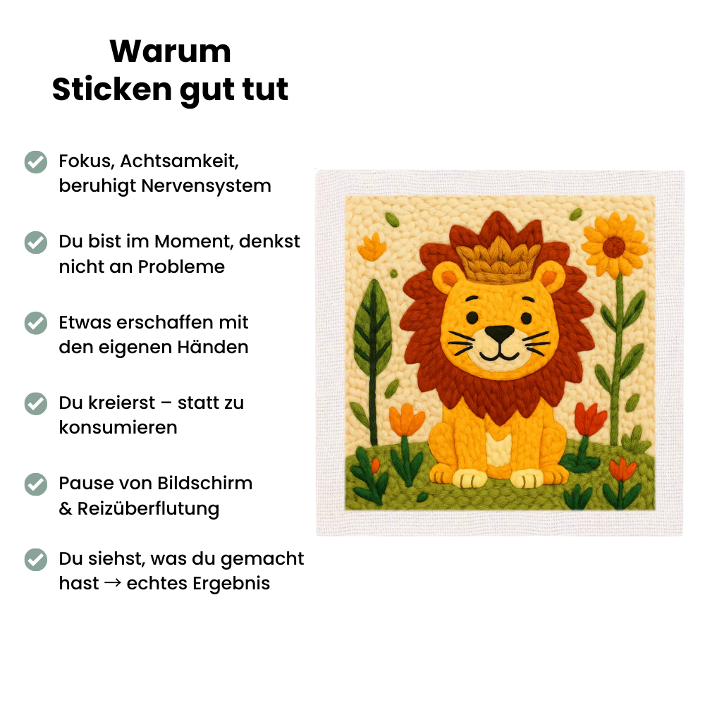 Punch Needle Stickset Little Lion von Handstille – Löwenmotiv mit Blumen, ideale Handarbeit zum Entspannen, fördert Achtsamkeit und Kreativität.