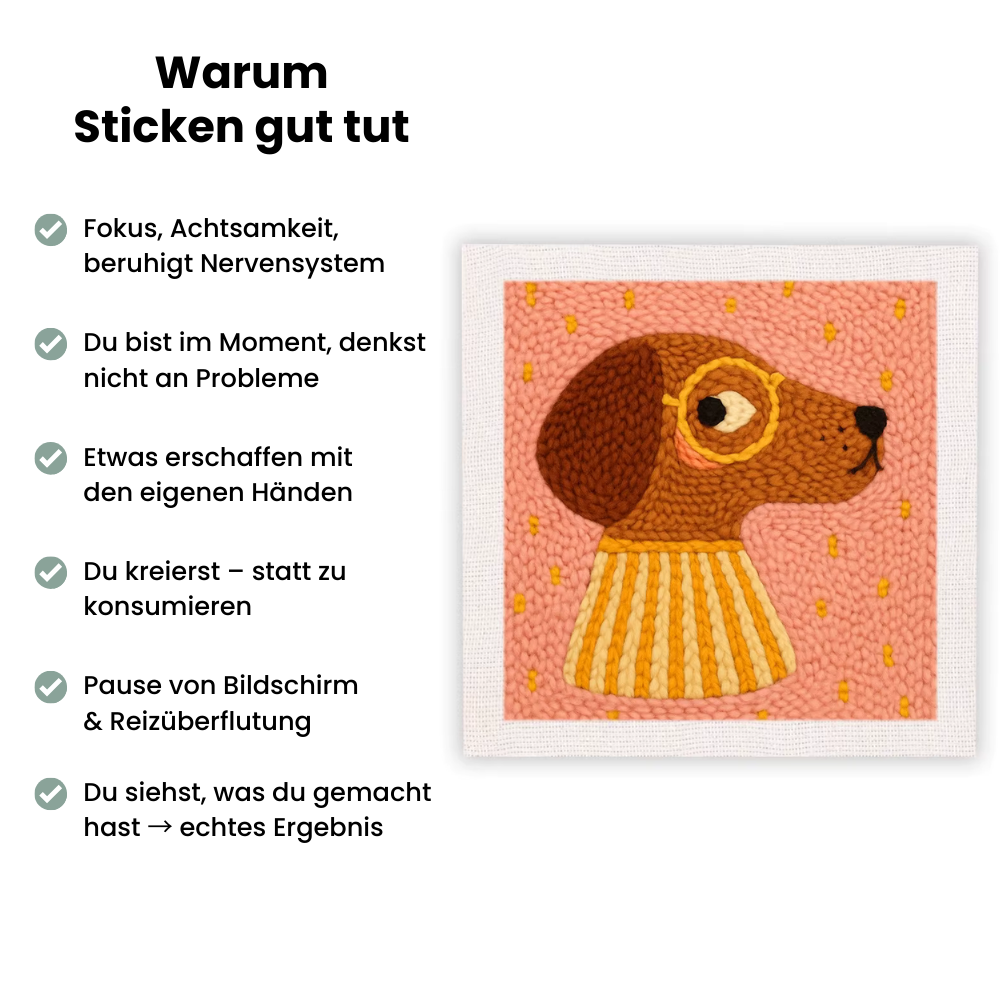 DoggyDream™ Punch Needle Stickbild von Handstille mit Hundemotiv – Vorteile des Stickens: Achtsamkeit, Entspannung und kreatives Arbeiten mit den eigenen Händen.