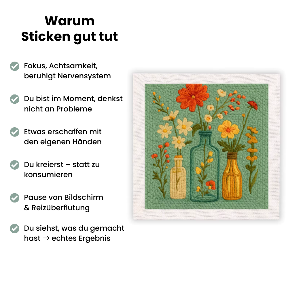 Warum Sticken gut tut – Handstille Floral Harmony™ Punch Needle Set mit Blumenmotiv in Vasen. Entspannendes DIY-Stickset für Achtsamkeit & Kreativität.