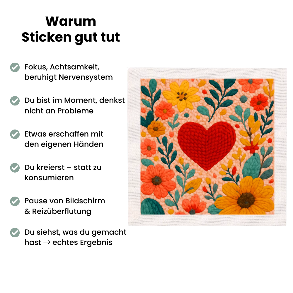 Punch Needle Stickset Herzblüte mit rotem Herz und Blumenmotiv – Achtsamkeit durch Handarbeit und kreative Entspannung mit Handstille