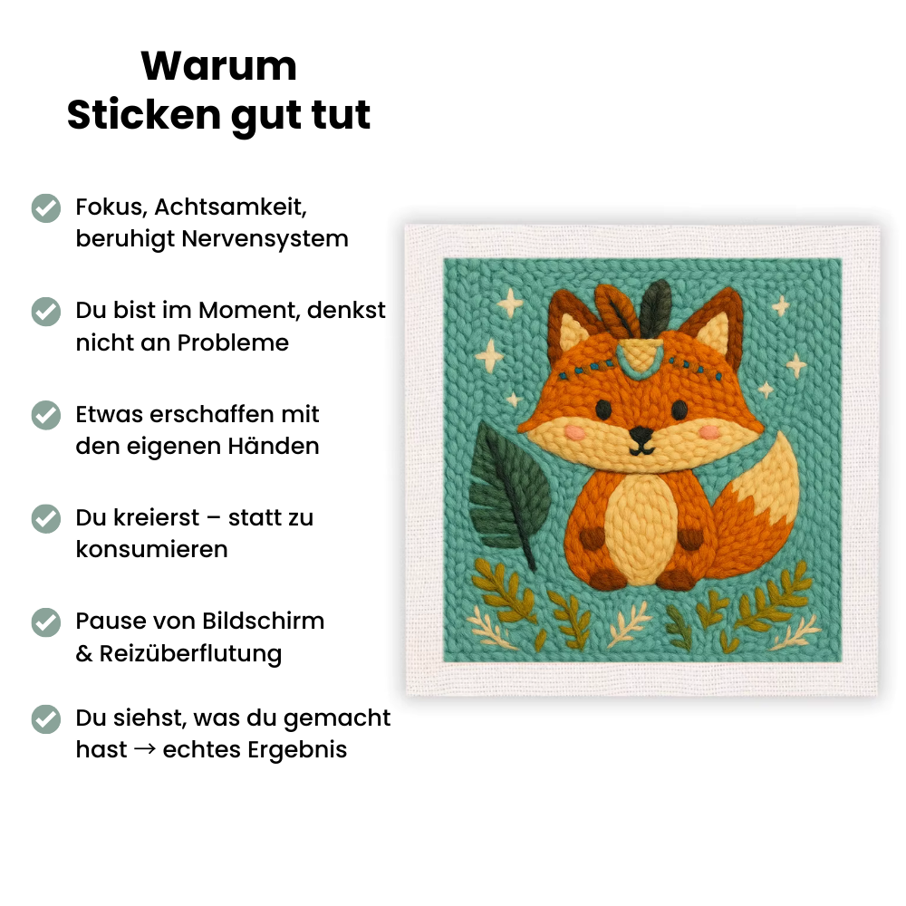 NatureFox™ Punch Needle Set – Fuchs Stickset von Handstille mit Motiv und Vorteilen des Stickens: fördert Achtsamkeit, Kreativität und Entspannung, ideales DIY Punch Needle Set für Anfänger.
