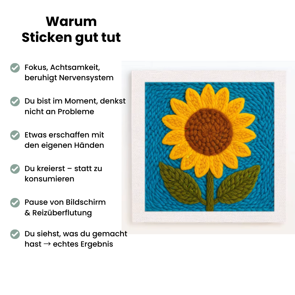 GoldenSun Stitch™ Punch Needle Sonnenblume – Handstille Stickset zur Entspannung und Achtsamkeit, kreative DIY-Stickvorlage für Anfänger mit Fokus auf Ruhe, Stressabbau und Handarbeit.