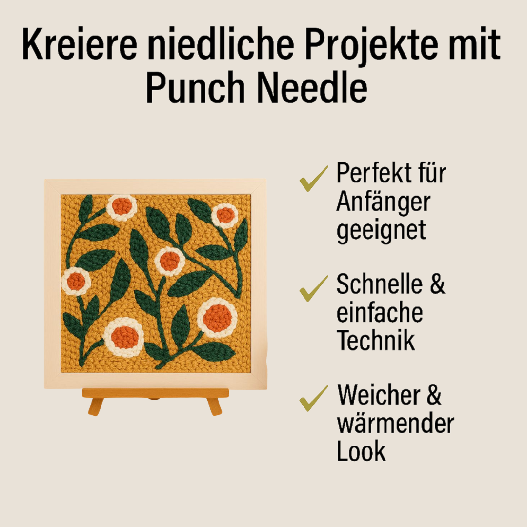 Punch Needle Stickbild mit floralen Motiven in Holzrahmen – ideales DIY-Stickset für Anfänger, kreative Auszeit mit einfacher Technik und gemütlichem Look