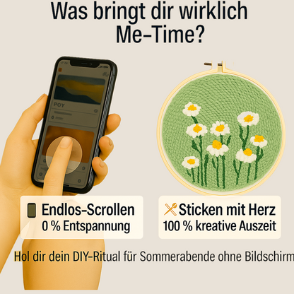 Vergleich zwischen Smartphone-Scrollen und Punch Needle Stickerei mit Blumenmotiv – DIY Stickset für kreative Me-Time, Bildschirmfreie Entspannung am Abend, ideale Geschenkidee für Handarbeitsfans.







