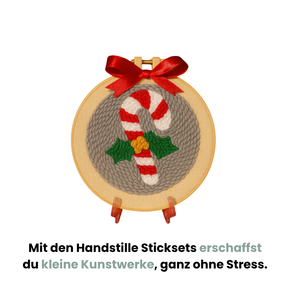 Punch Needle Weihnachtsmotiv mit Zuckerstange und roter Schleife im Stickrahmen, Text: ‚Mit den Handstille Sticksets erschaffst du kleine Kunstwerke, ganz ohne Stress.‘ Kreatives Punch Needle Set für Anfänger und DIY-Weihnachtsdeko