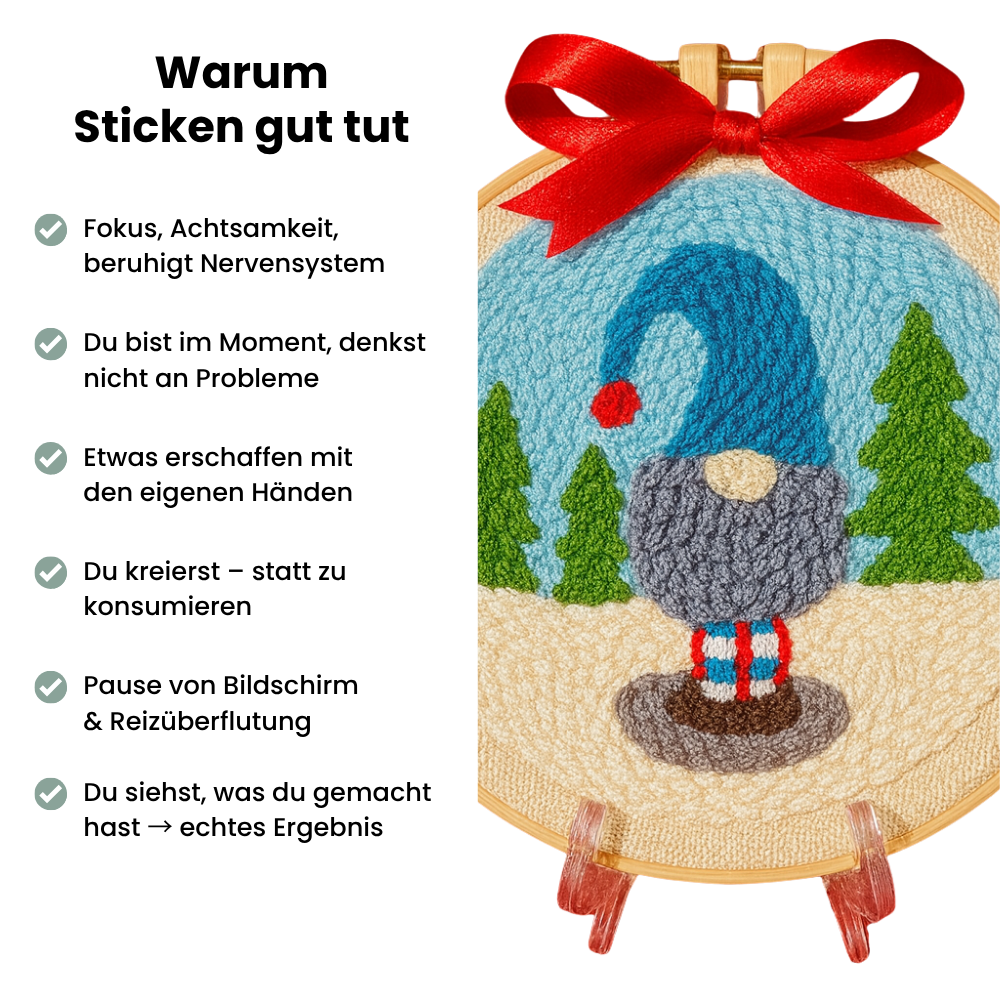Punch Needle Weihnachtsmotiv mit Wichtel im Stickrahmen und roter Schleife, daneben Text ‚Warum Sticken gut tut‘ mit Vorteilen wie Achtsamkeit, Entspannung und Kreativität. Handstille Punch Needle Set – achtsames DIY für Fokus und innere Ruhe.