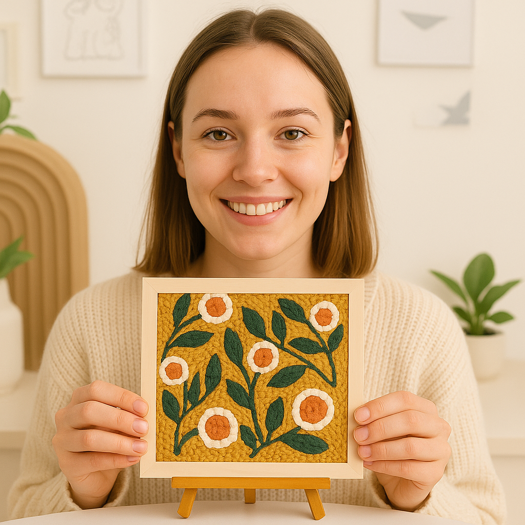 Frau hält fertiges Punch Needle Bild aus dem SoulStitch™ DIY-Stickset in Holzrahmen – ideales Handarbeitsprojekt für Anfänger zur Entspannung und kreativen Auszeit.
