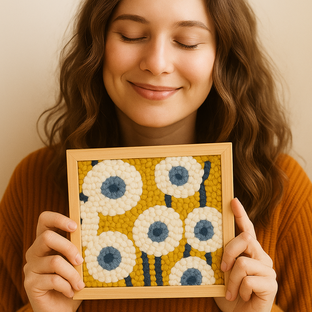 Junge Frau mit geschlossenen Augen hält stolz ihr fertiges Punch Needle Bild in Gelb, Weiß und Blau – DIY Stickbild mit floraler Optik als Teil des SoulStitch™ Abendrituals für mehr Achtsamkeit und Entspannung