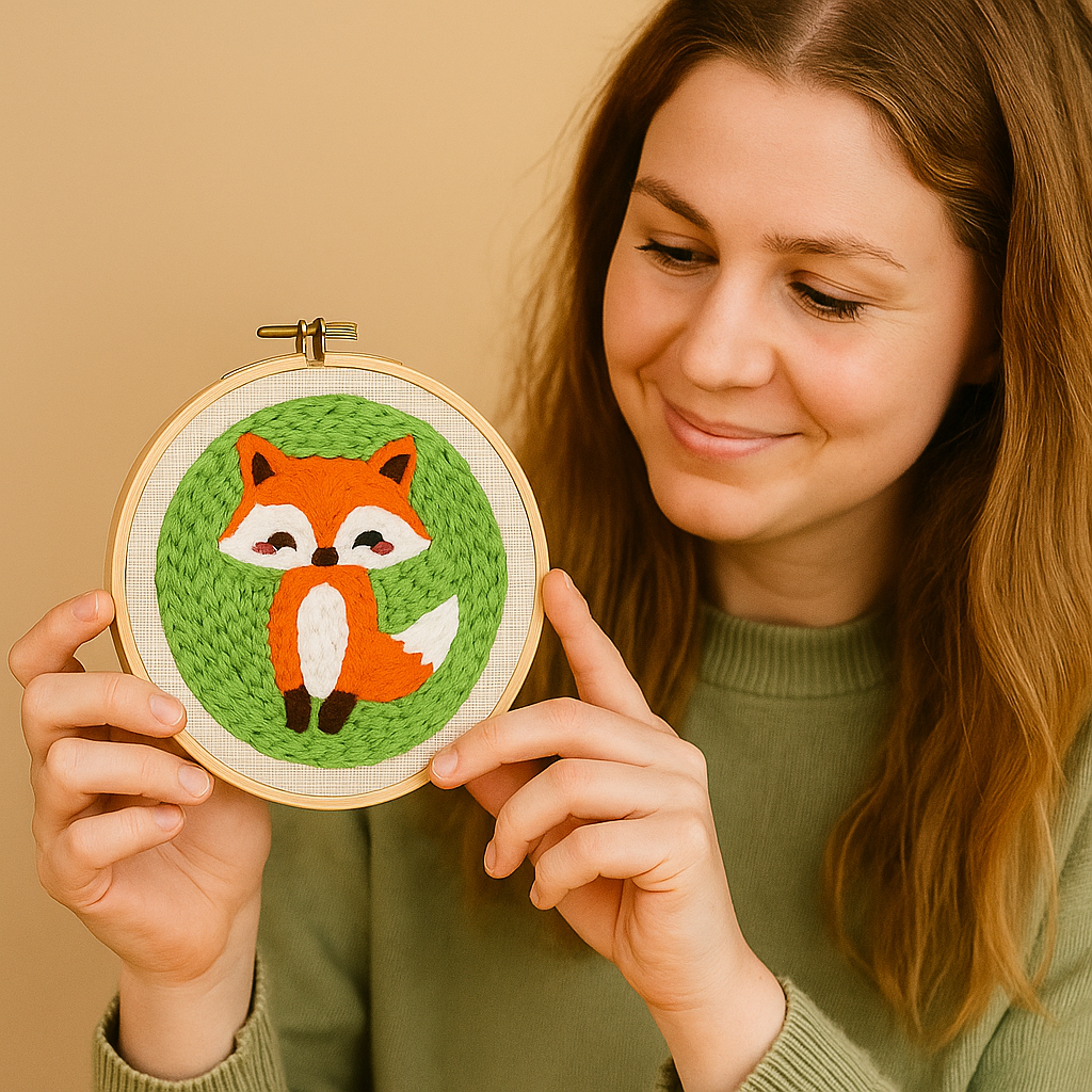 Frau hält stolz ihr fertiges Punch Needle Bild mit Fuchs-Motiv – DIY Stickset von NeedleNest™ für entspannte Handarbeit zu Hause.