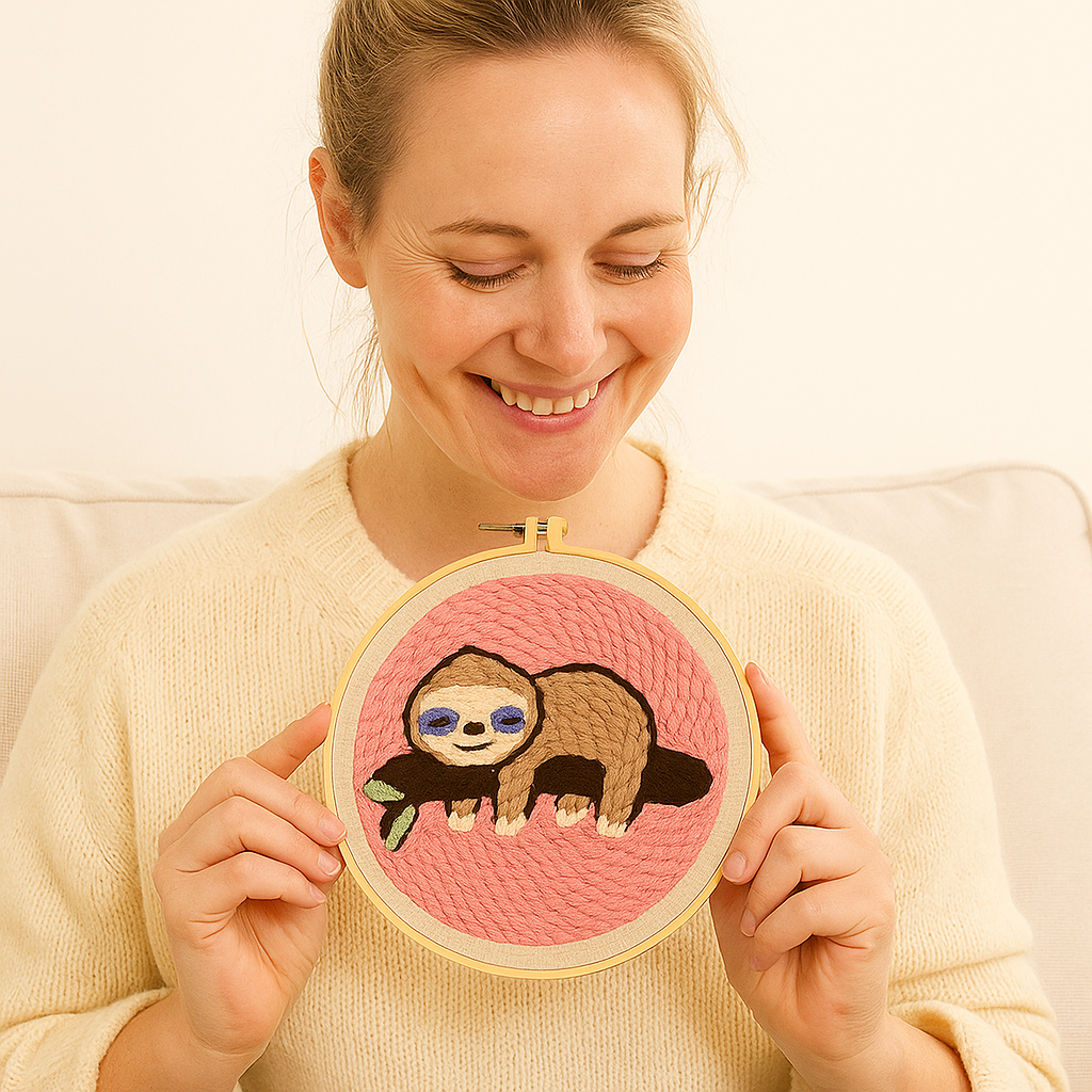 Frau präsentiert mit einem Lächeln ihr fertiges Faultier-Stickbild aus dem NeedleNest™ Punch Needle Set – entspannendes DIY-Stickprojekt für Zuhause