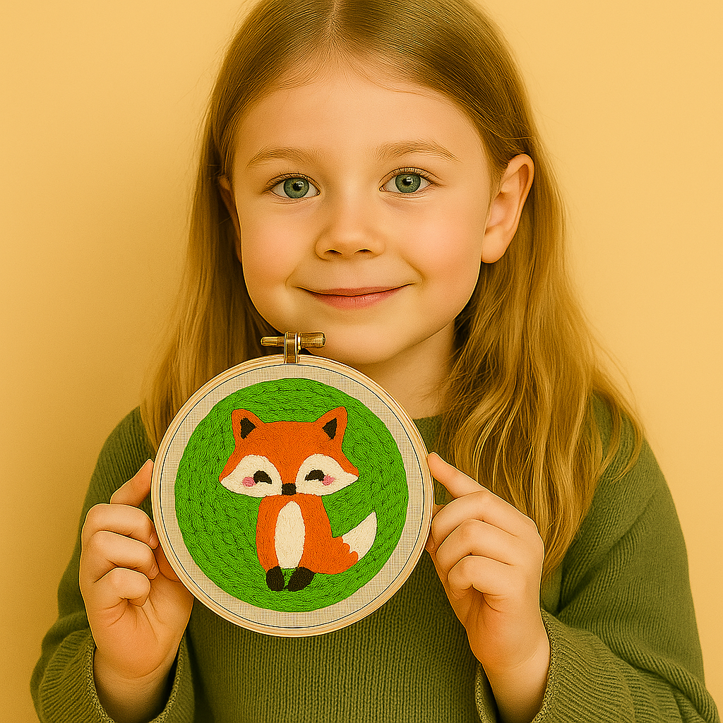 Kind mit selbstgesticktem Fuchsbild aus dem NeedleNest™ Punch Needle Set – kreatives DIY-Stickset für Kinder und Familien