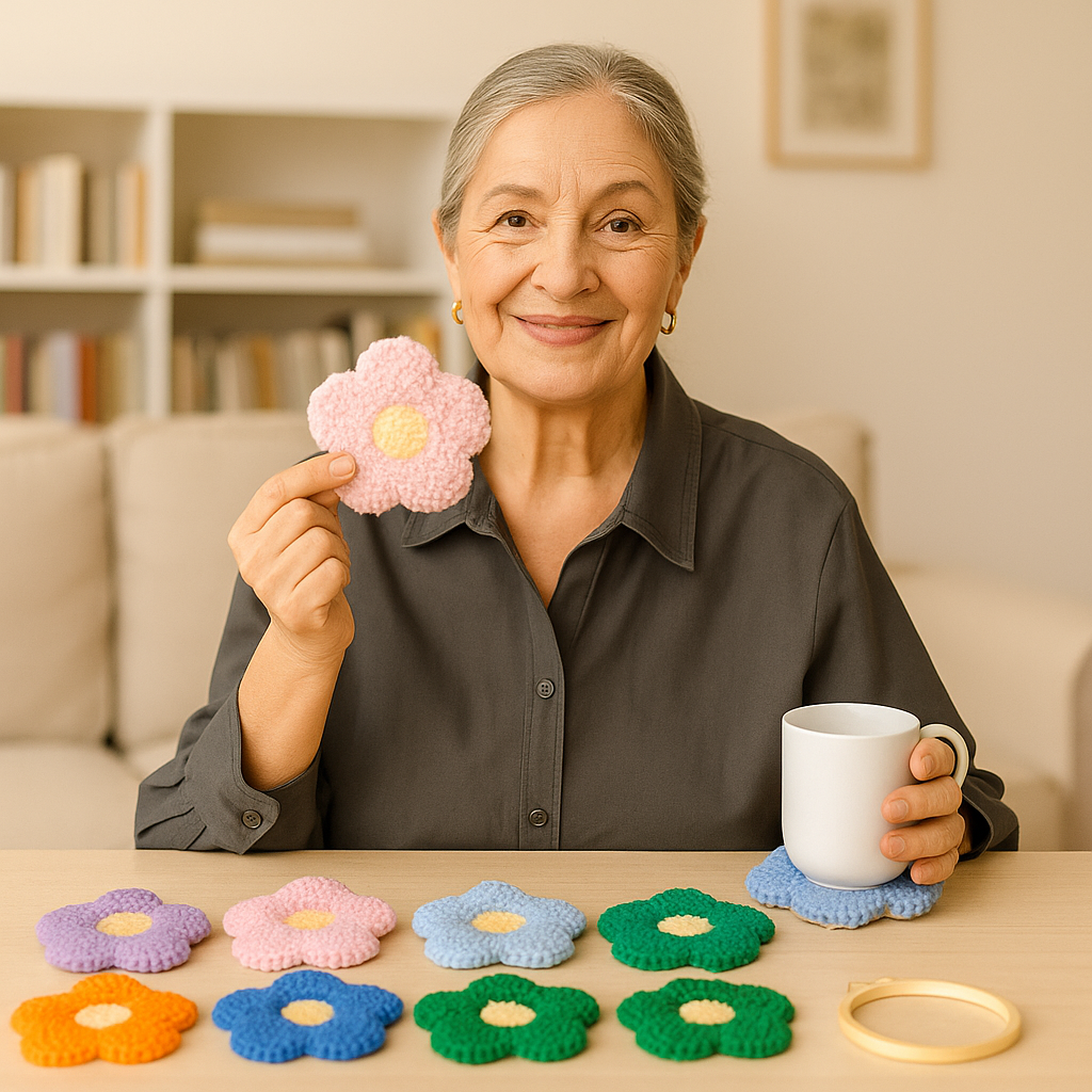 Ältere Frau mit gehäkelten Blumen-Untersetzern aus Punch Needle Set – DIY Geschenkidee für Oma, Mama oder zum Selbermachen