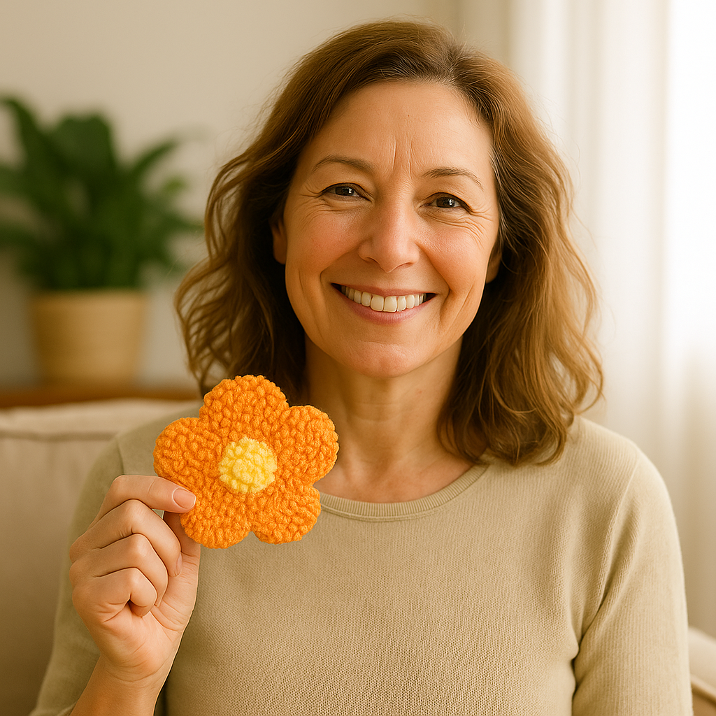Frau zeigt stolz ihre selbstgestickte Punch-Needle-Blume aus dem BloomNest™ Stickset – DIY Handarbeit für Erwachsene.