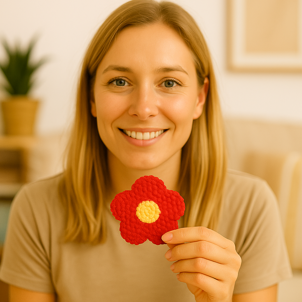 Lächelnde Frau hält selbstgestickte rote Blume aus Punch Needle Stickset von BloomNest™ – DIY Handarbeit für Anfängerinnen mit Stolz präsentiert.