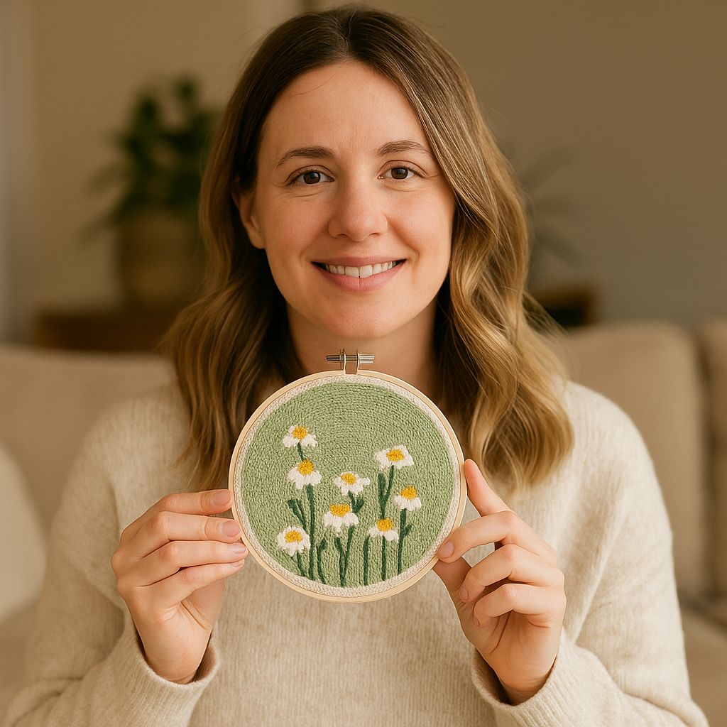 Frau mit Punch Needle Stickrahmen zeigt fertiges Gänseblümchen-Motiv – DIY-Stickset zur Entspannung für Erwachsene, geeignet für Anfänger

