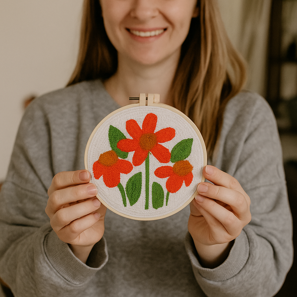 Frau hält DIY Punch Needle Stickrahmen mit Blumenmotiv – handgemachtes Stickbild aus Stickset für Erwachsene zum Entspannen und kreativ Sein, ideal als Geschenkidee oder als Deko im Boho-Stil

