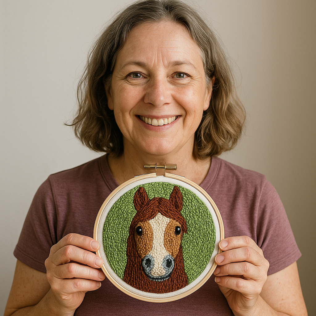 Ältere Frau zeigt stolz ihr fertiges Punch Needle Pferde-Stickbild – DIY-Stickset für Erwachsene mit Tiermotiv, perfekt zum Entspannen und Verschenken