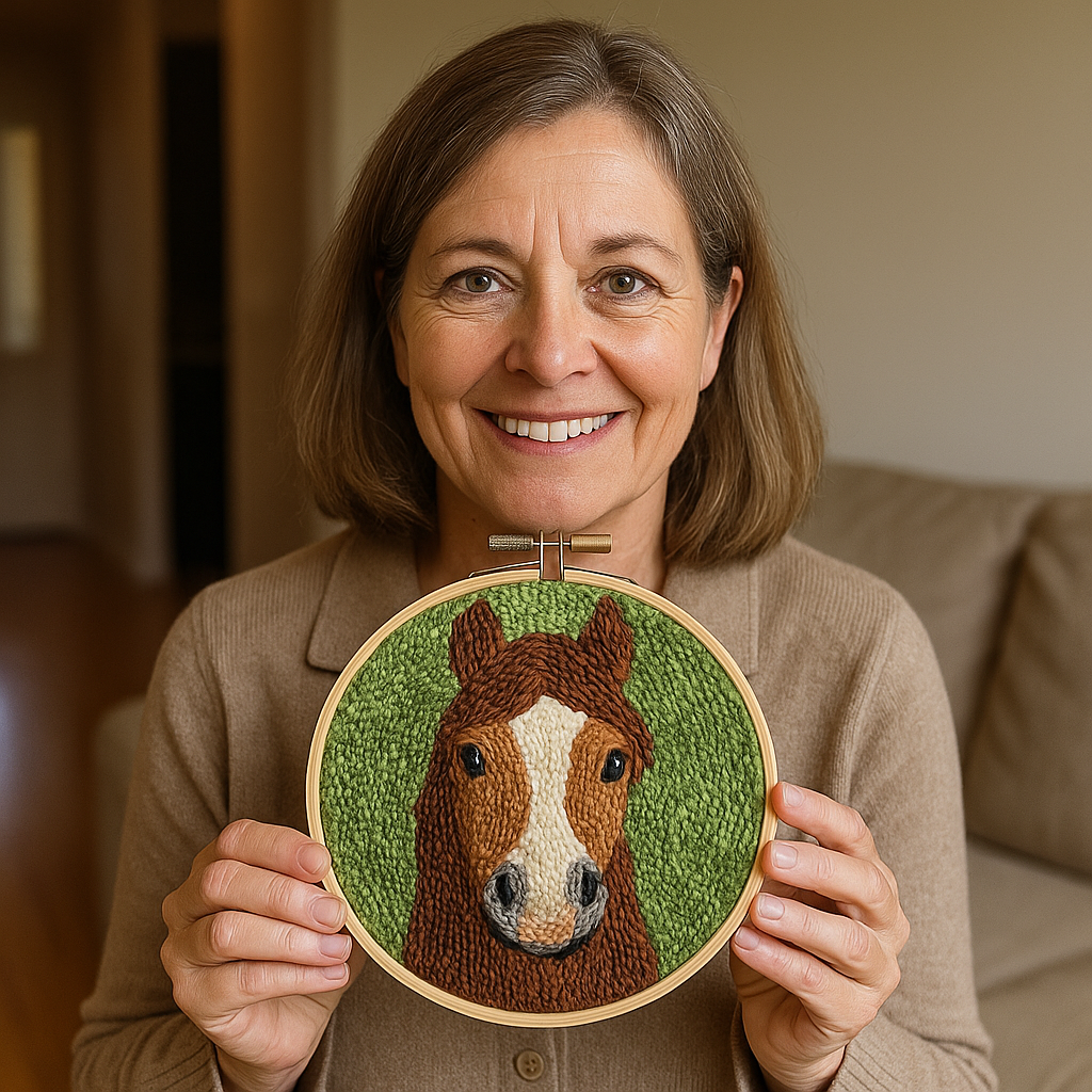 Zufriedene Frau mittleren Alters hält fertiges Punch Needle Stickbild mit Pferdemotiv in der Hand – DIY-Stickset HeartHorse™, kreative Auszeit für Zuhause