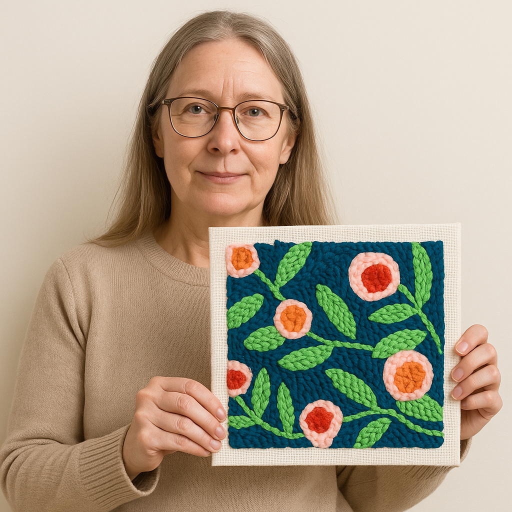 Frau mit Brille hält fertiges Punch-Needle-Stickbild mit floralem Muster – DIY Stickset für Anfänger von Handstille