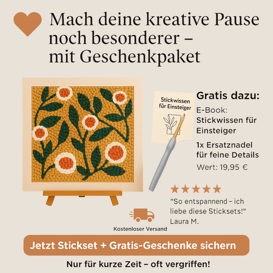 Punch Needle DIY-Set mit Blumenmotiv auf Holzrahmen, inklusive gratis Stick-E-Book – kreatives Geschenk für Handarbeitsfans und entspannte Auszeit zuhause
